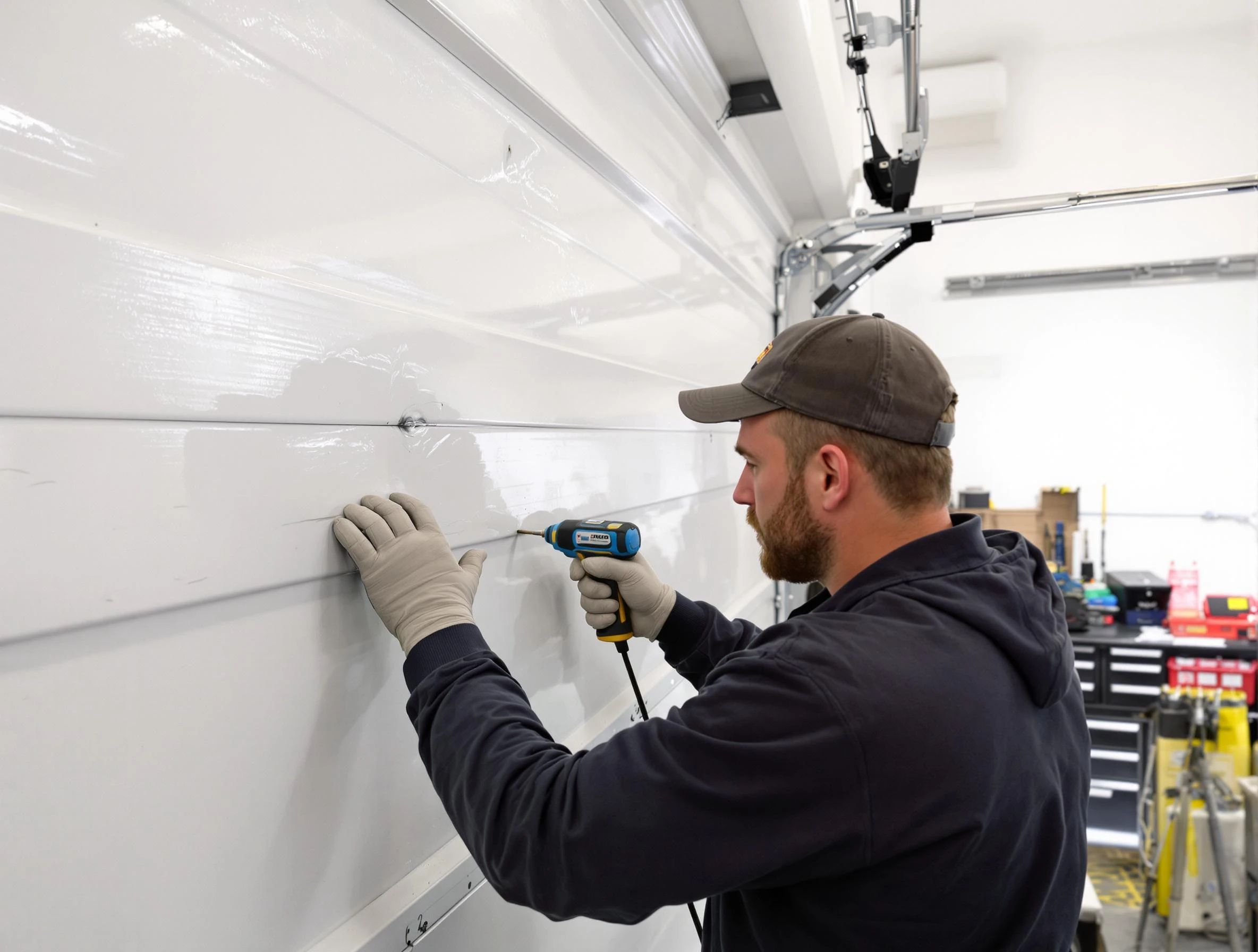 Arcadia Garage Door Repair technician demonstrating precision dent removal techniques on a Arcadia garage door