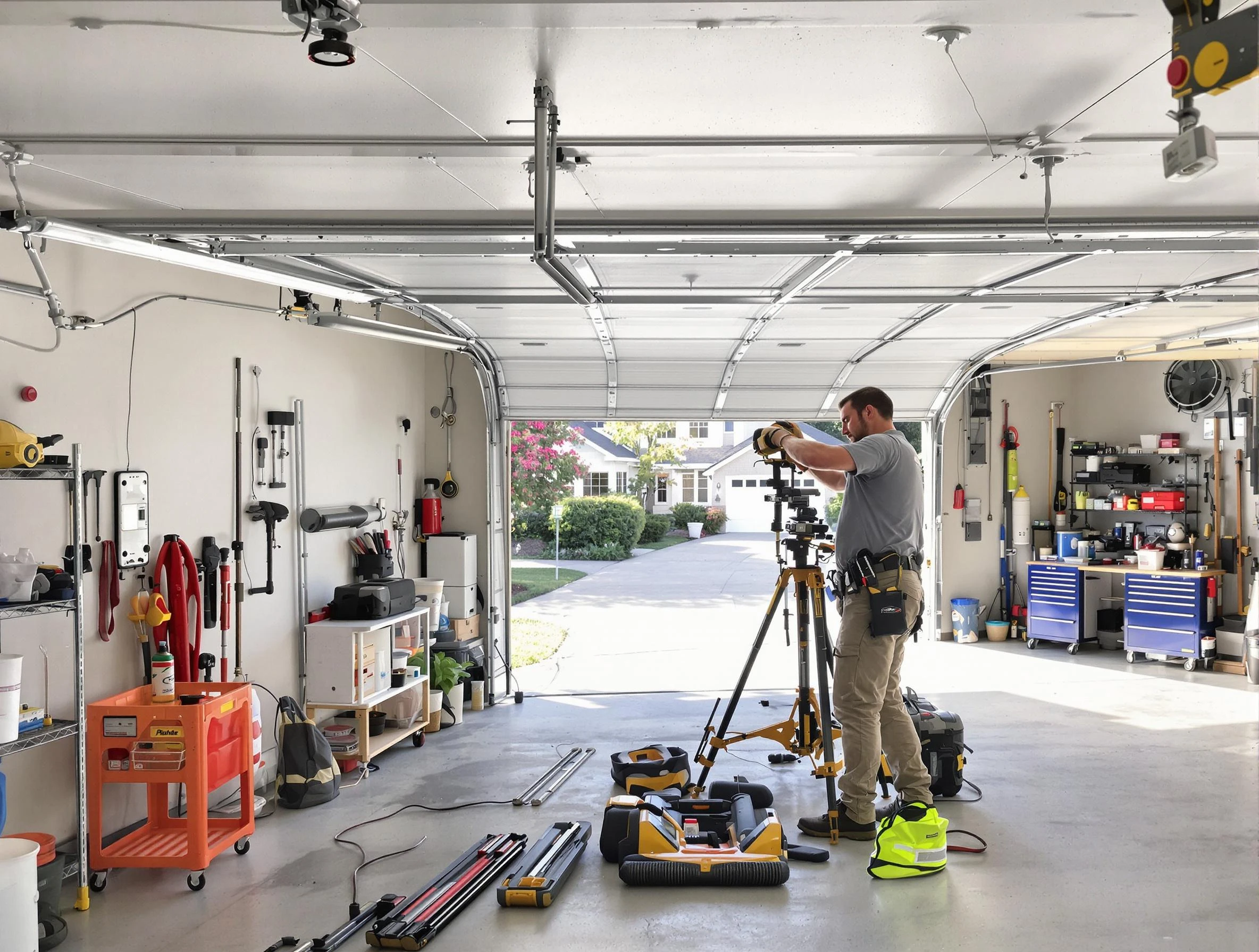 Arcadia Garage Door Repair specialist performing laser-guided track alignment in Arcadia